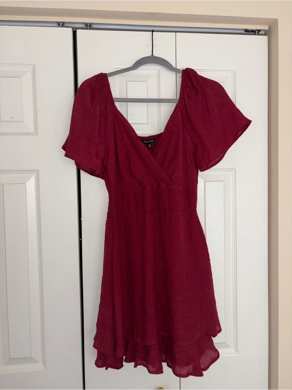AS U WISH Women's Burgundy V-Neck Short Sleeve Dress